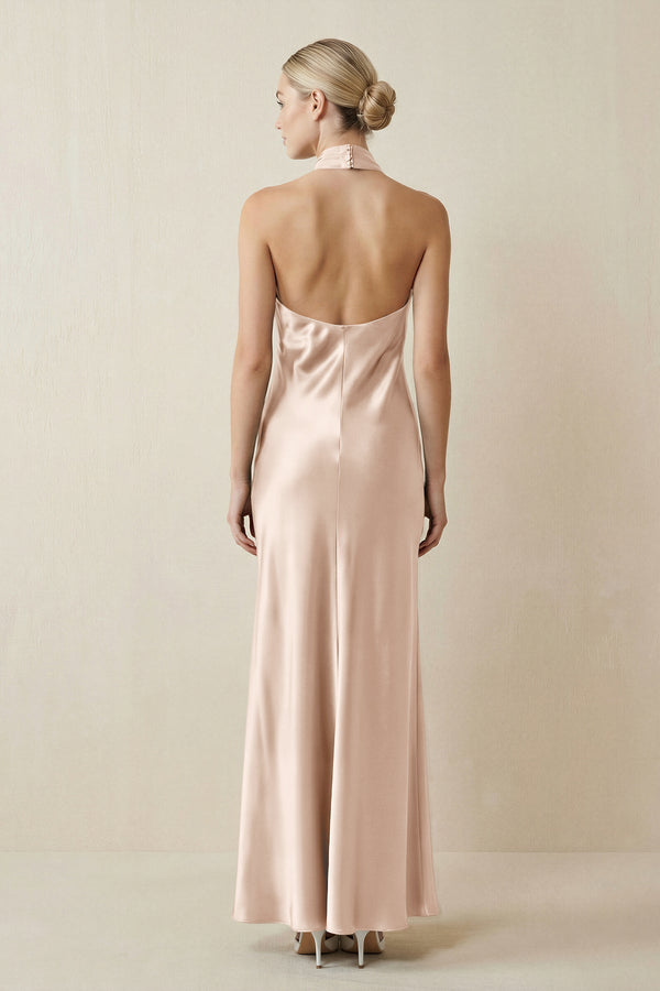 Halter Sheath Satin Bridesmaid Dress in Buttercream - KissProm Bridesmaid Dresses