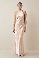 Halter Sheath Satin Bridesmaid Dress in Buttercream - KissProm Bridesmaid Dresses