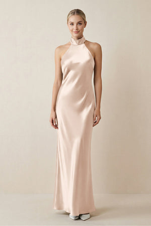 Halter Sheath Satin Bridesmaid Dress in Buttercream - KissProm Bridesmaid Dresses