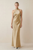 Halter Sheath Satin Bridesmaid Dress in Champagne - KissProm Bridesmaid Dresses