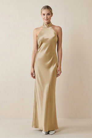 Halter Sheath Satin Bridesmaid Dress in Champagne - KissProm Bridesmaid Dresses