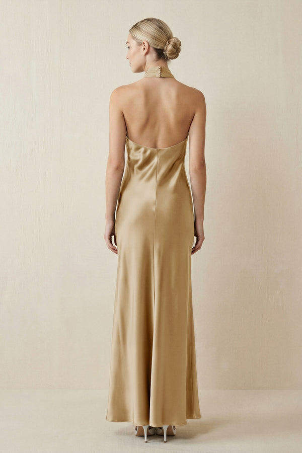 Halter Sheath Satin Bridesmaid Dress in Champagne - KissProm Bridesmaid Dresses