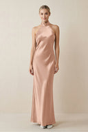 Halter Sheath Satin Bridesmaid Dress in Champagne Rose - KissProm Bridesmaid Dresses
