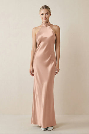 Halter Sheath Satin Bridesmaid Dress in Champagne Rose - KissProm Bridesmaid Dresses