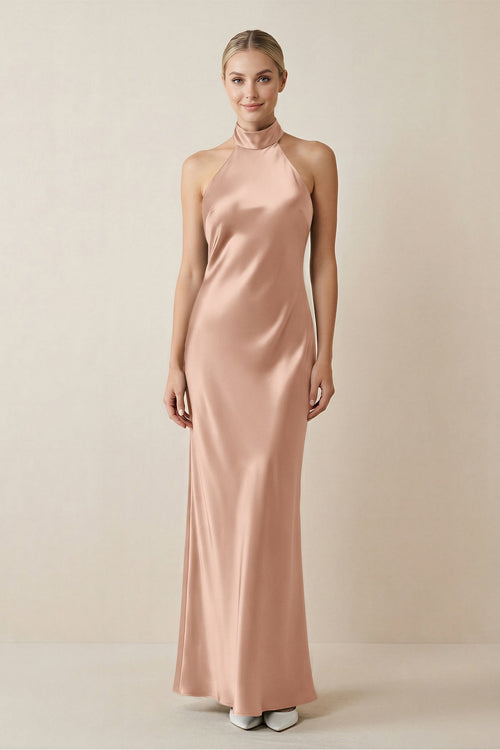 Halter Sheath Satin Bridesmaid Dress in Champagne Rose - KissProm Bridesmaid Dresses