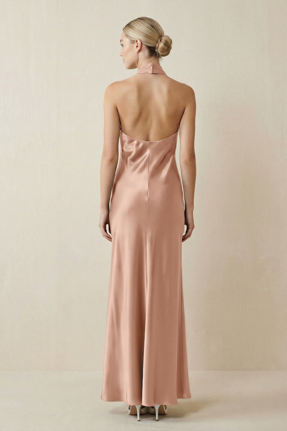 Halter Sheath Satin Bridesmaid Dress in Champagne Rose - KissProm Bridesmaid Dresses