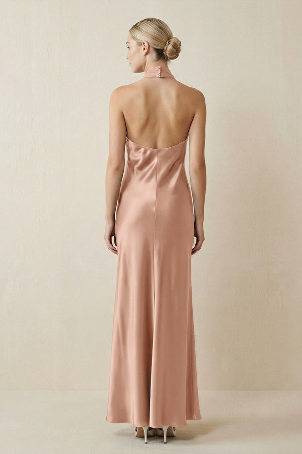 Halter Sheath Satin Bridesmaid Dress in Champagne Rose - KissProm Bridesmaid Dresses