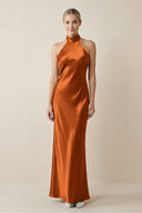 Halter Sheath Satin Bridesmaid Dress in Cinnamon - KissProm Bridesmaid Dresses
