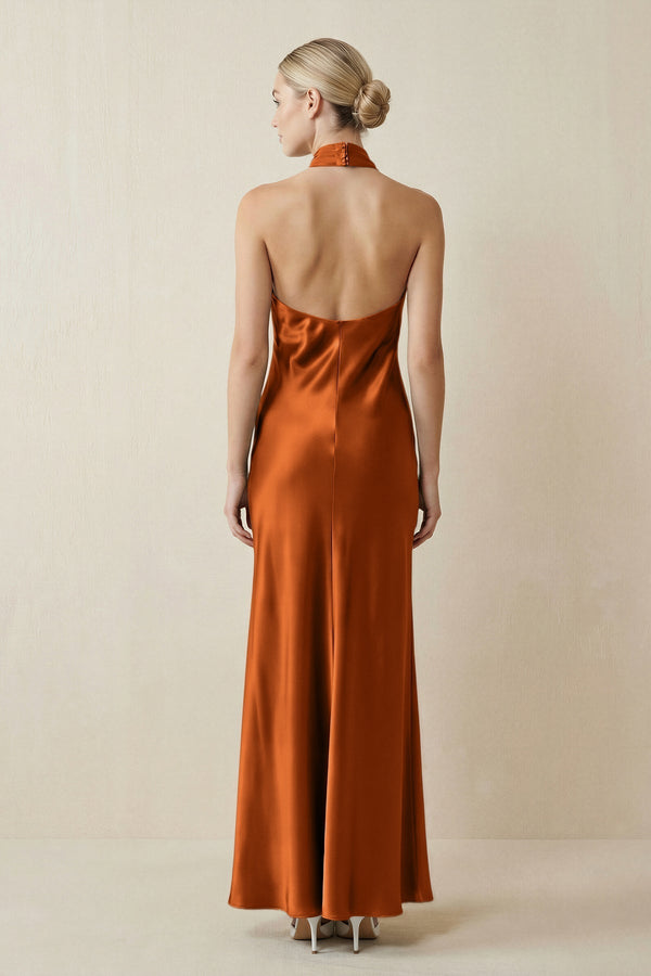 Halter Sheath Satin Bridesmaid Dress in Cinnamon - KissProm Bridesmaid Dresses
