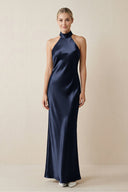 Halter Sheath Satin Bridesmaid Dress in Dark Navy - KissProm Bridesmaid Dresses