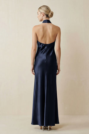 Halter Sheath Satin Bridesmaid Dress in Dark Navy - KissProm Bridesmaid Dresses