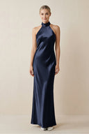 Halter Sheath Satin Bridesmaid Dress in Dark Navy - KissProm Bridesmaid Dresses
