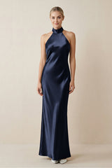 Halter Sheath Satin Bridesmaid Dress in Dark Navy - KissProm Bridesmaid Dresses