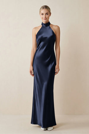 Halter Sheath Satin Bridesmaid Dress in Dark Navy - KissProm Bridesmaid Dresses