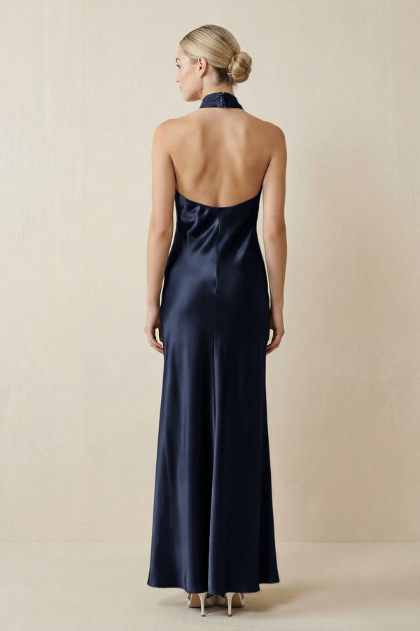 Halter Sheath Satin Bridesmaid Dress in Dark Navy - KissProm Bridesmaid Dresses