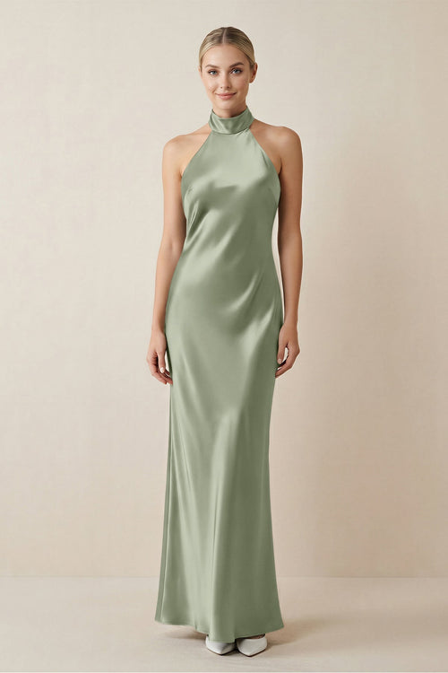 Halter Sheath Satin Bridesmaid Dress in Dove Gray - KissProm Bridesmaid Dresses