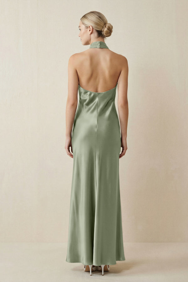 Halter Sheath Satin Bridesmaid Dress in Dove Gray - KissProm Bridesmaid Dresses