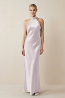 Halter Sheath Satin Bridesmaid Dress in Dusk - KissProm Bridesmaid Dresses