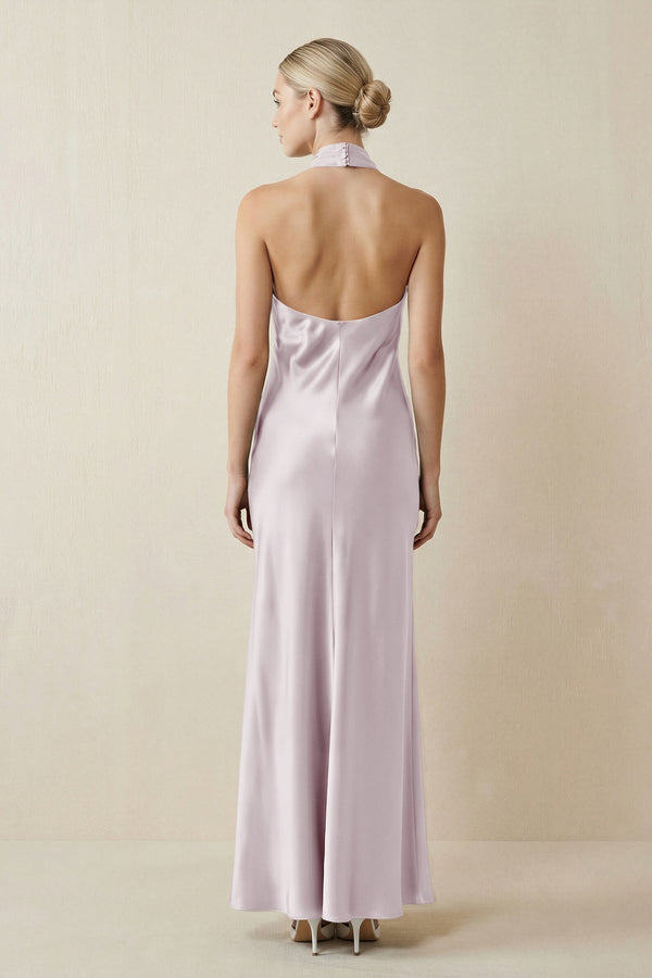Halter Sheath Satin Bridesmaid Dress in Dusk - KissProm Bridesmaid Dresses