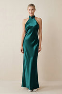 Halter Sheath Satin Bridesmaid Dress in Emerald - KissProm Bridesmaid Dresses