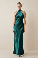 Halter Sheath Satin Bridesmaid Dress in Emerald - KissProm Bridesmaid Dresses