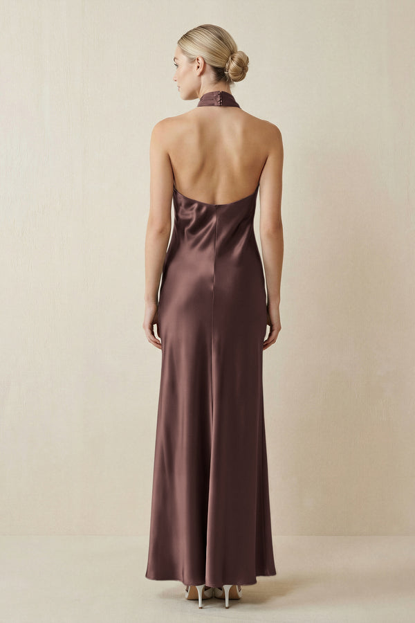Halter Sheath Satin Bridesmaid Dress in Espresso - KissProm Bridesmaid Dresses