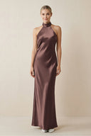 Halter Sheath Satin Bridesmaid Dress in Espresso - KissProm Bridesmaid Dresses