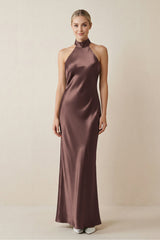 Halter Sheath Satin Bridesmaid Dress in Espresso - KissProm Bridesmaid Dresses