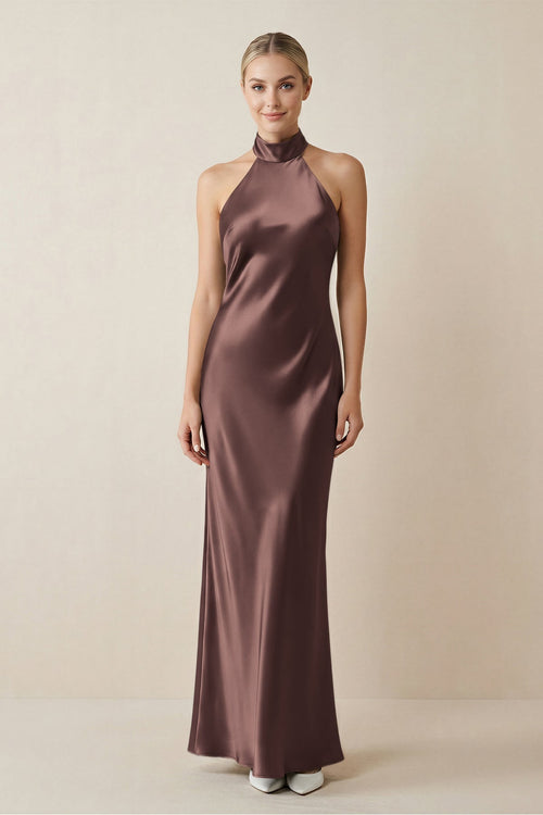 Halter Sheath Satin Bridesmaid Dress in Espresso - KissProm Bridesmaid Dresses