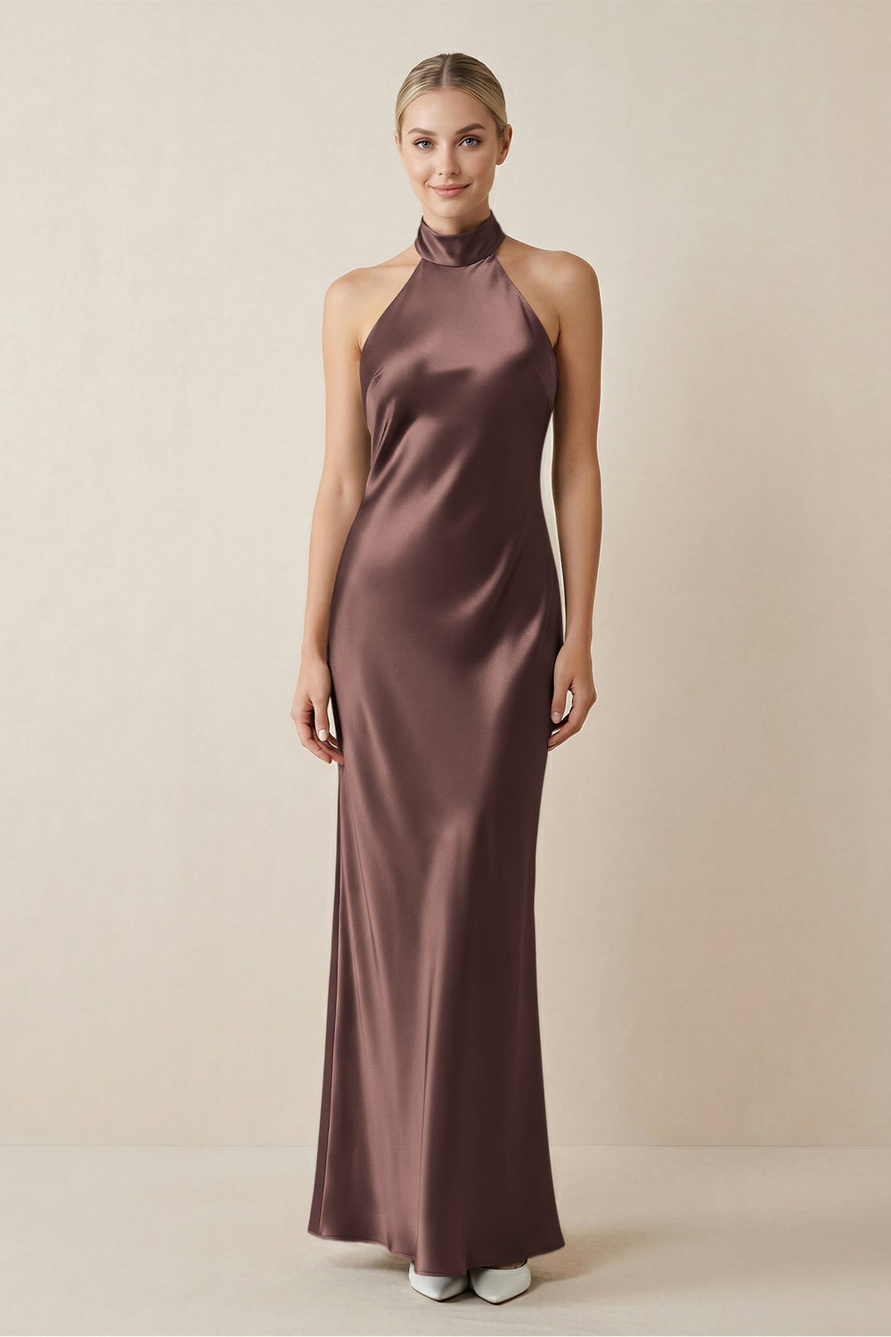 Halter Sheath Satin Bridesmaid Dress in Espresso - KissProm Bridesmaid Dresses