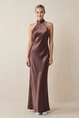 Halter Sheath Satin Bridesmaid Dress in Espresso - KissProm Bridesmaid Dresses