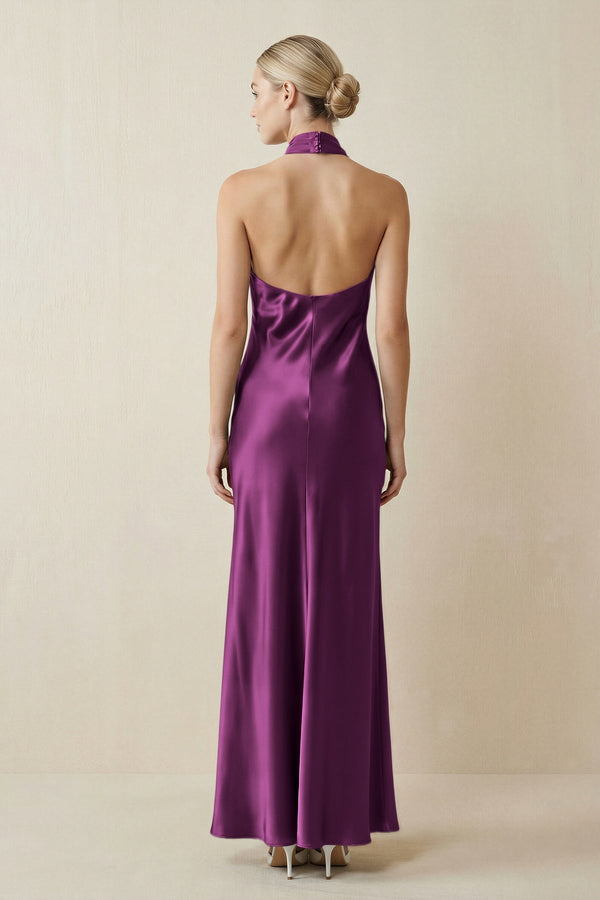 Halter Sheath Satin Bridesmaid Dress in Fig - KissProm Bridesmaid Dresses