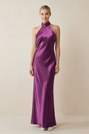 Halter Sheath Satin Bridesmaid Dress in Fig - KissProm Bridesmaid Dresses