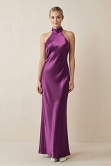 Halter Sheath Satin Bridesmaid Dress in Fig - KissProm Bridesmaid Dresses