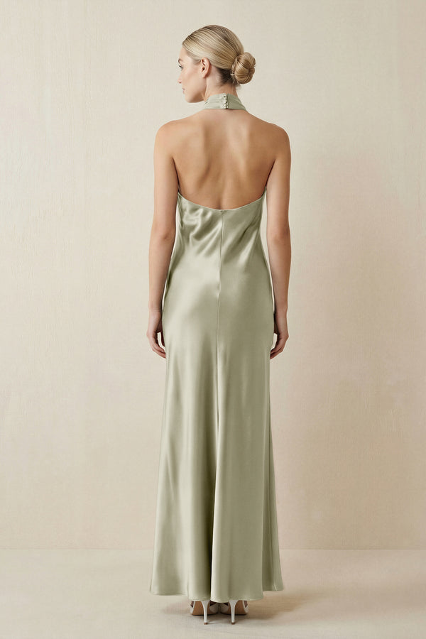 Halter Sheath Satin Bridesmaid Dress in Frost - KissProm Bridesmaid Dresses