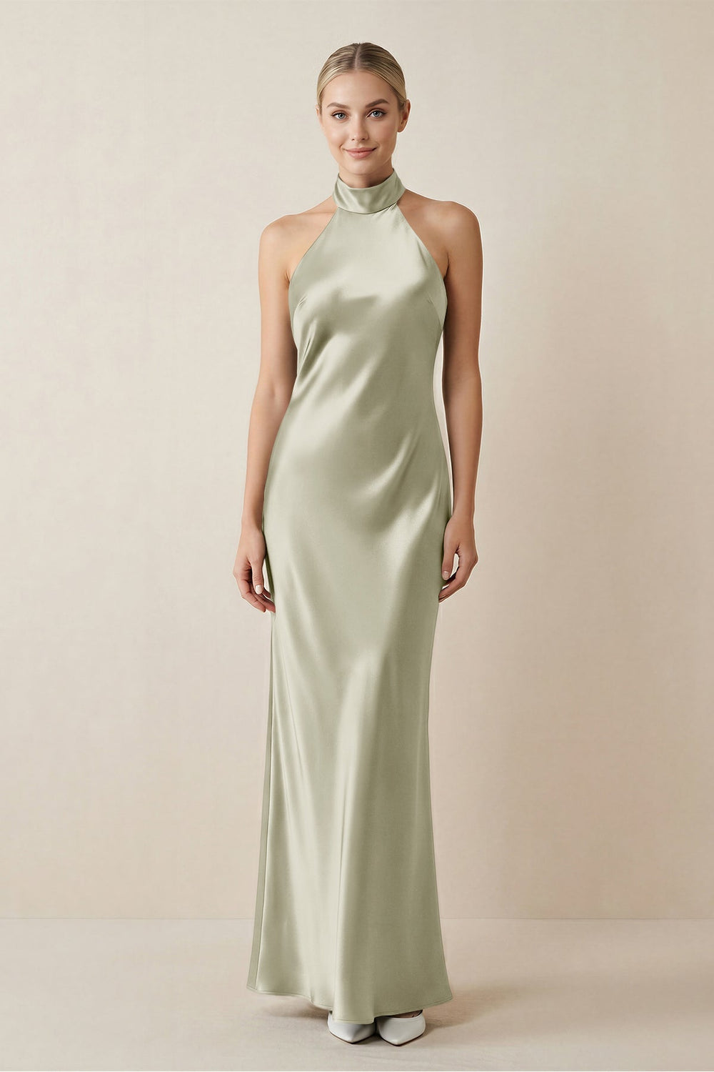 Halter Sheath Satin Bridesmaid Dress in Frost - KissProm Bridesmaid Dresses