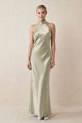 Halter Sheath Satin Bridesmaid Dress in Frost - KissProm Bridesmaid Dresses