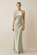 Halter Sheath Satin Bridesmaid Dress in Frost - KissProm Bridesmaid Dresses