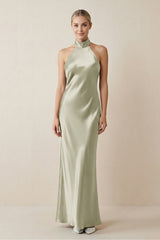 Halter Sheath Satin Bridesmaid Dress in Frost - KissProm Bridesmaid Dresses