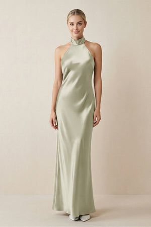 Halter Sheath Satin Bridesmaid Dress in Frost - KissProm Bridesmaid Dresses