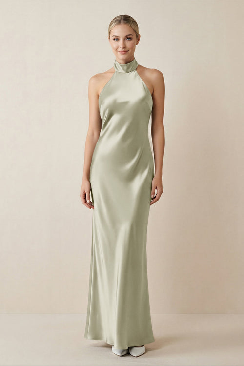 Halter Sheath Satin Bridesmaid Dress in Frost - KissProm Bridesmaid Dresses