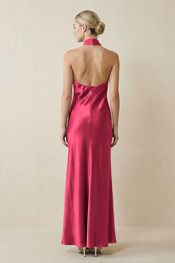 Halter Sheath Satin Bridesmaid Dress in Fuchsia - KissProm Bridesmaid Dresses