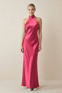 Halter Sheath Satin Bridesmaid Dress in Fuchsia - KissProm Bridesmaid Dresses