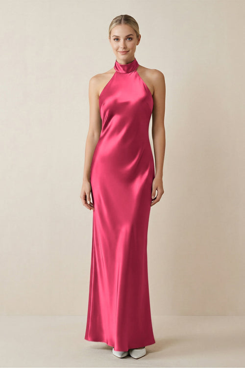 Halter Sheath Satin Bridesmaid Dress in Fuchsia - KissProm Bridesmaid Dresses
