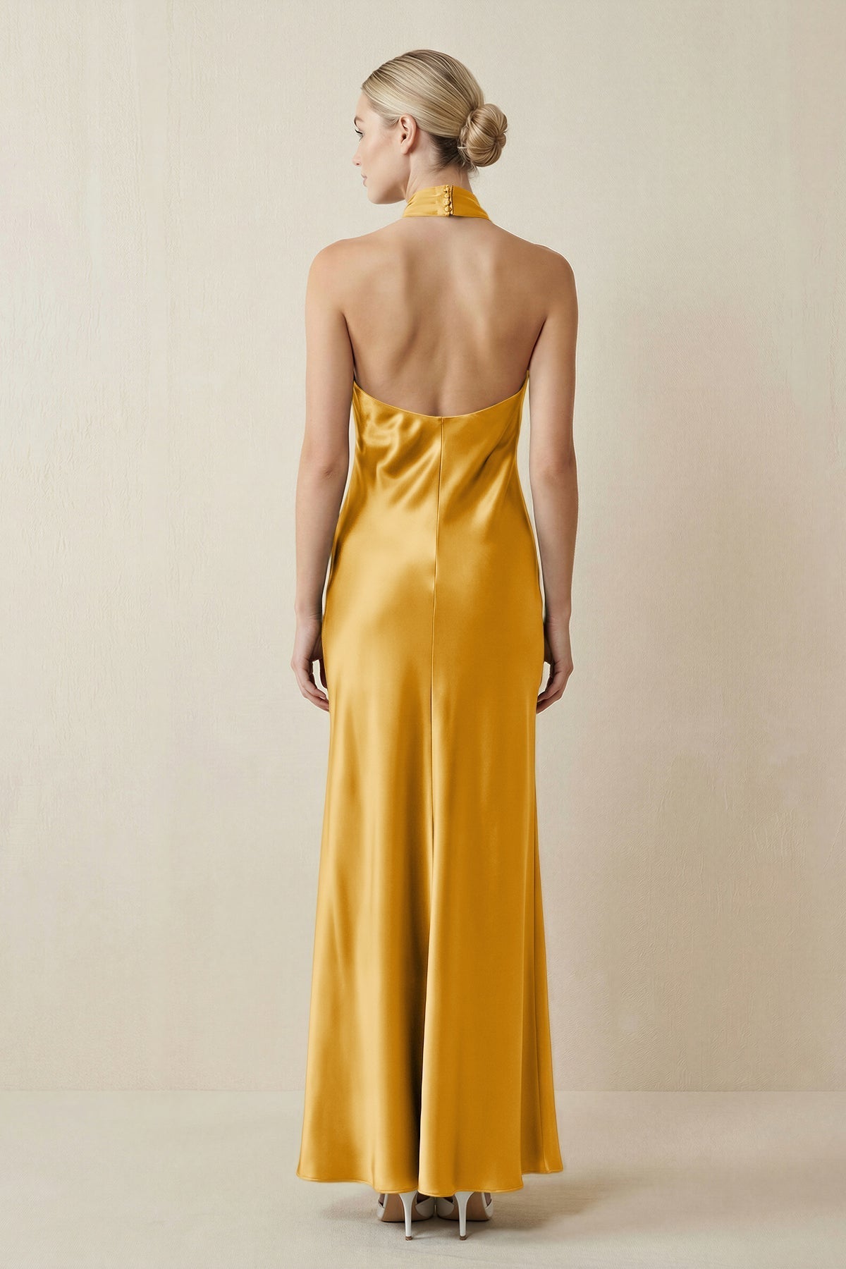 Halter Sheath Satin Bridesmaid Dress in Gold