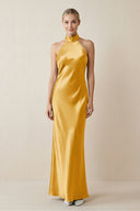 Halter Sheath Satin Bridesmaid Dress in Gold - KissProm Bridesmaid Dresses