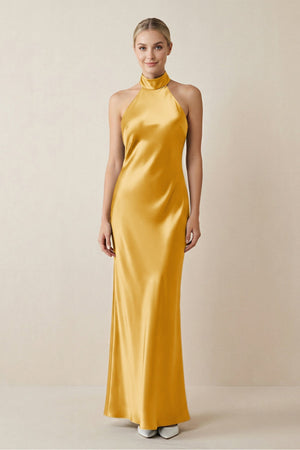 Halter Sheath Satin Bridesmaid Dress in Gold - KissProm Bridesmaid Dresses