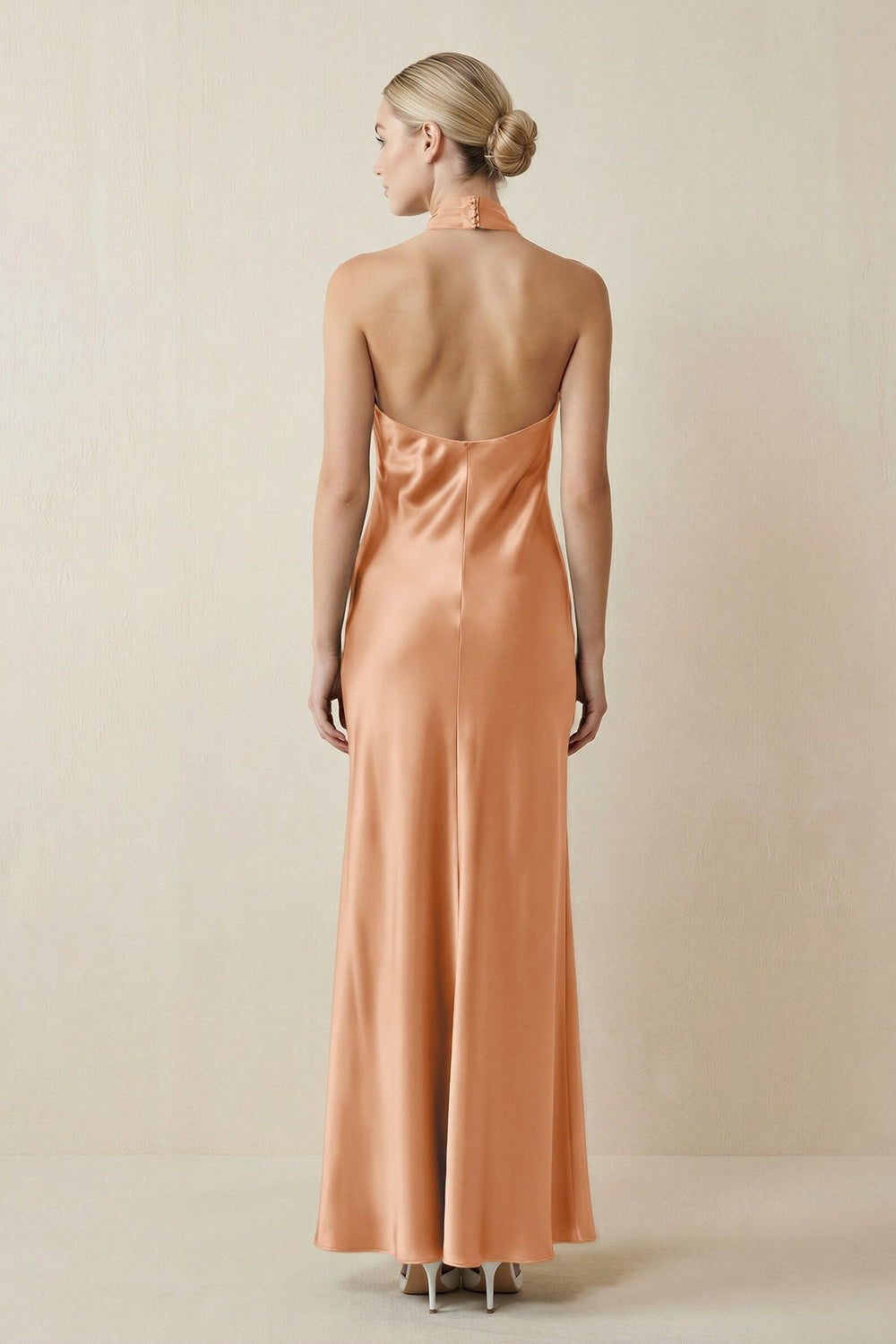 Halter Sheath Satin Bridesmaid Dress in Golden Champagne - KissProm Bridesmaid Dresses