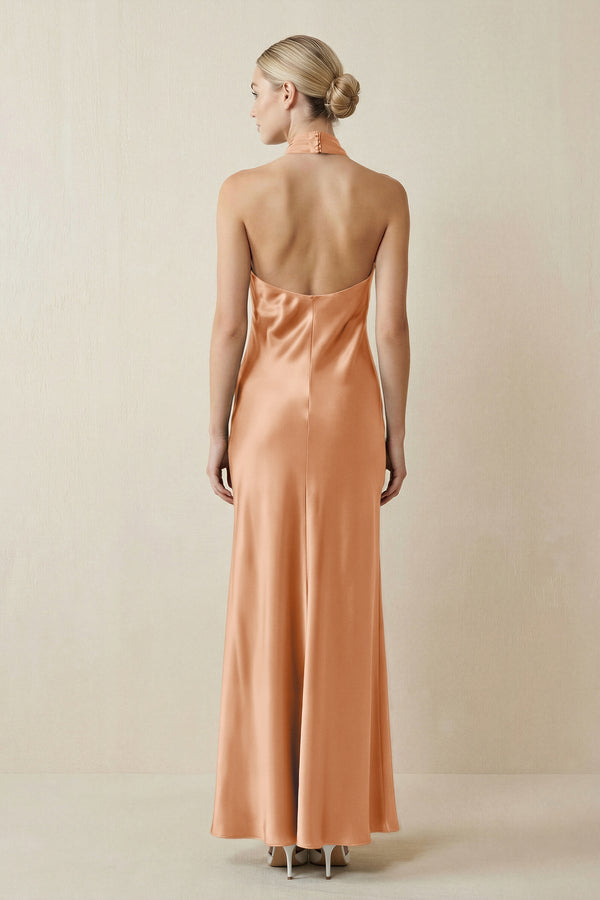 Halter Sheath Satin Bridesmaid Dress in Golden Champagne - KissProm Bridesmaid Dresses