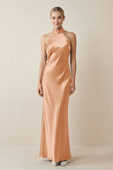 Halter Sheath Satin Bridesmaid Dress in Golden Champagne - KissProm Bridesmaid Dresses
